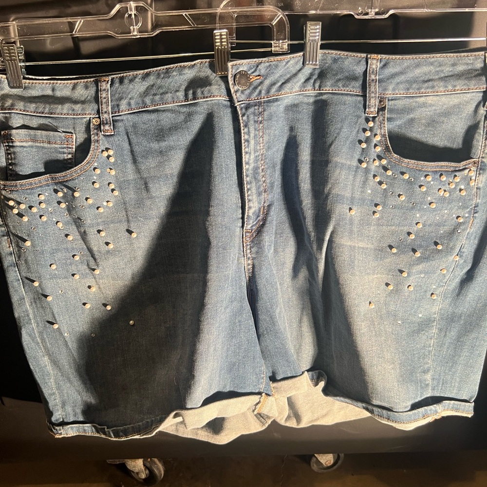 Lane bryant faux pearl beads and Studded Blue Denim cuffed Shorts